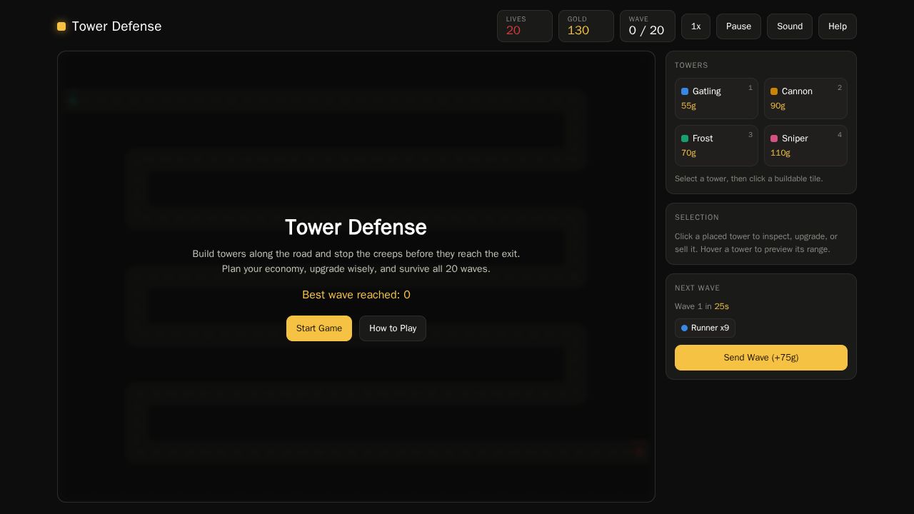 Canvas Tower Defense running on PLAY (desktop)