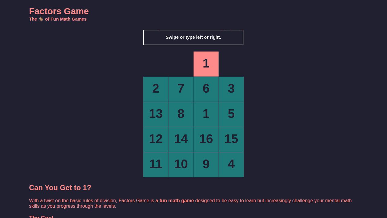 Factors Game running on PLAY (desktop)
