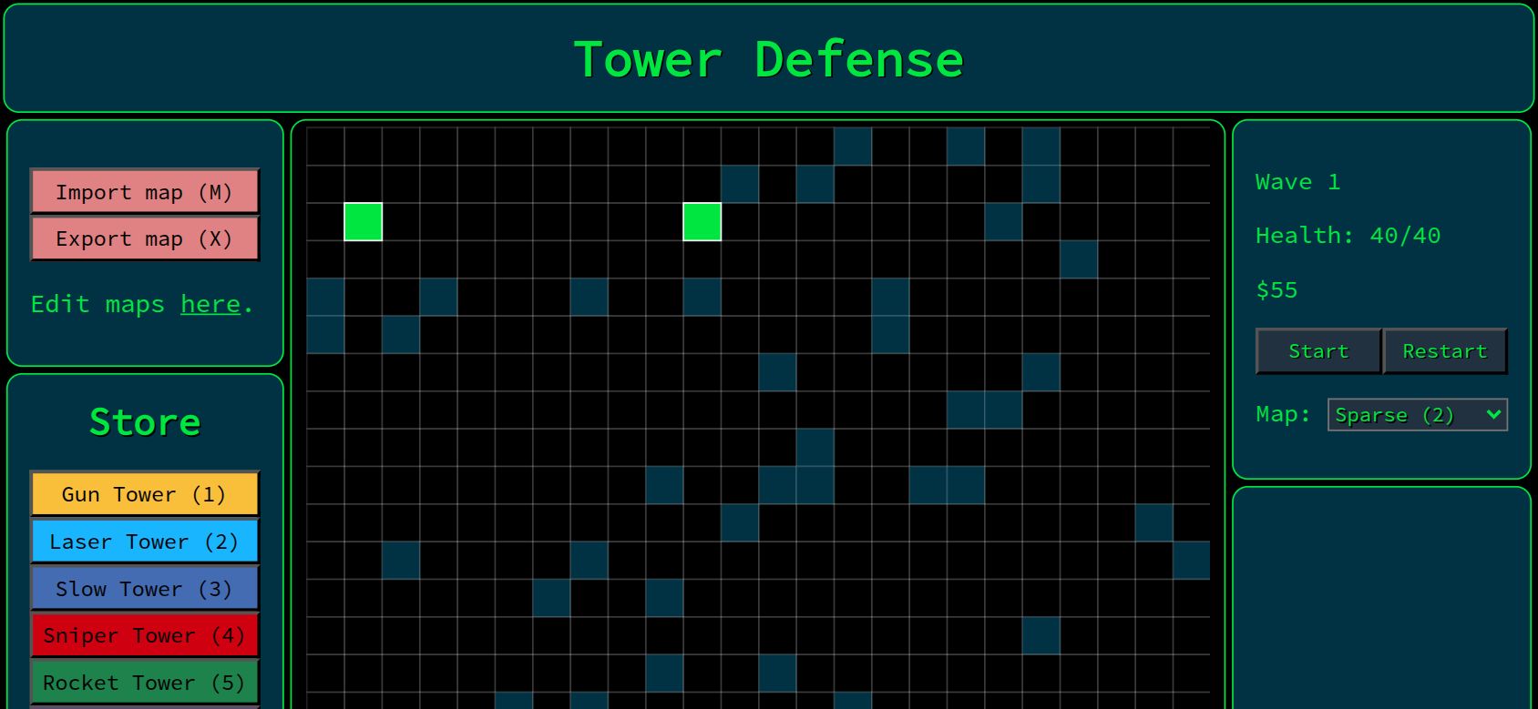 Tower Defense (p5.js) running on PLAY (phone)