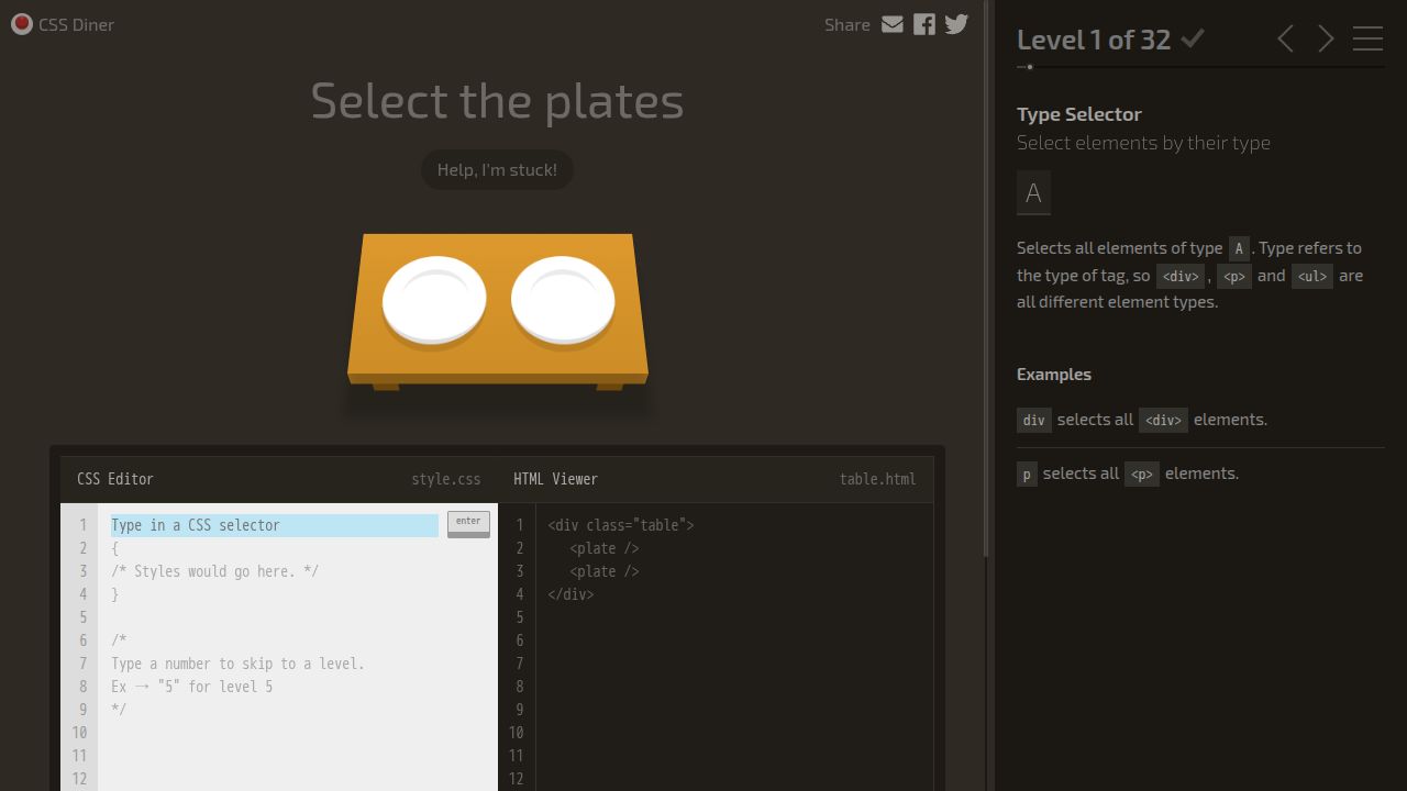 CSS Diner running on PLAY (desktop)