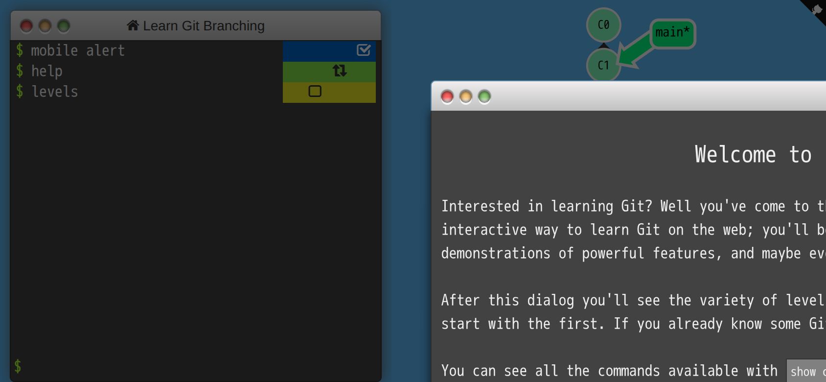 Learn Git Branching running on PLAY (phone)